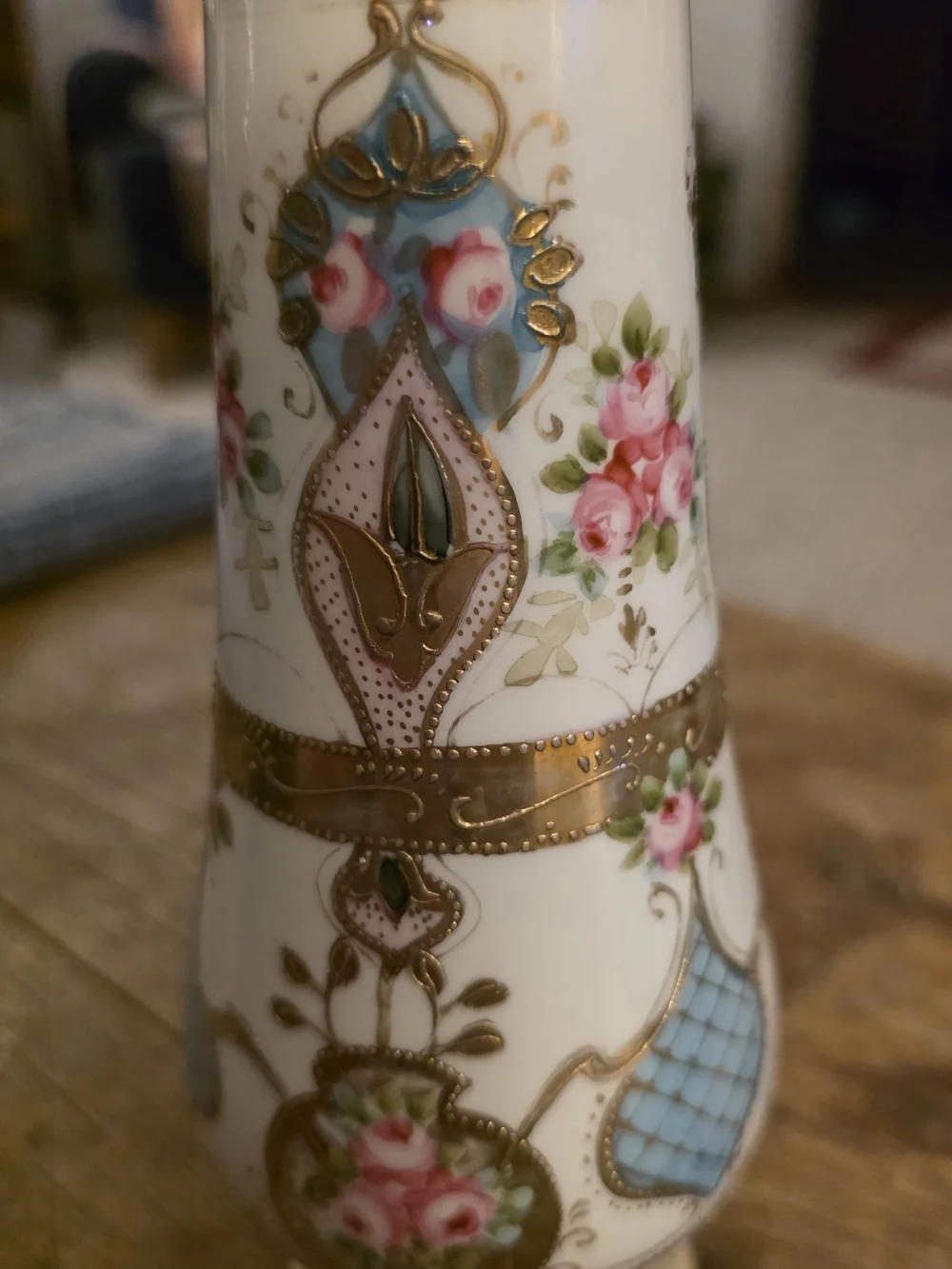 Vintage Decorative Porcelain Vase with Pink Floral and Gold Accents